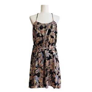 Collective Concepts Dress Pink Black Gold Floral Halter Sash Tie Waist Medium